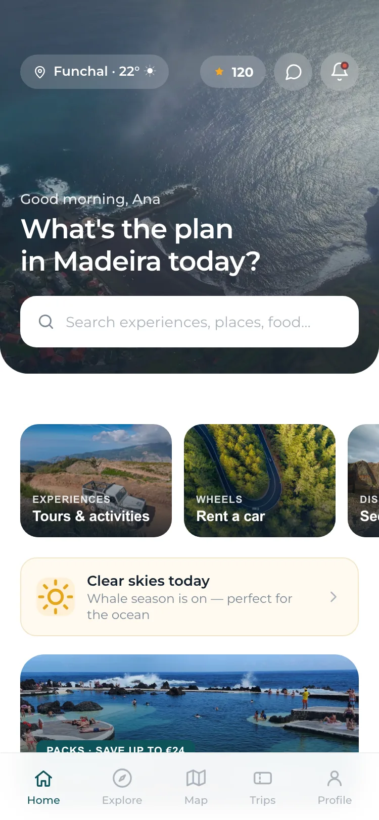 Beyond Madeira app — home screen