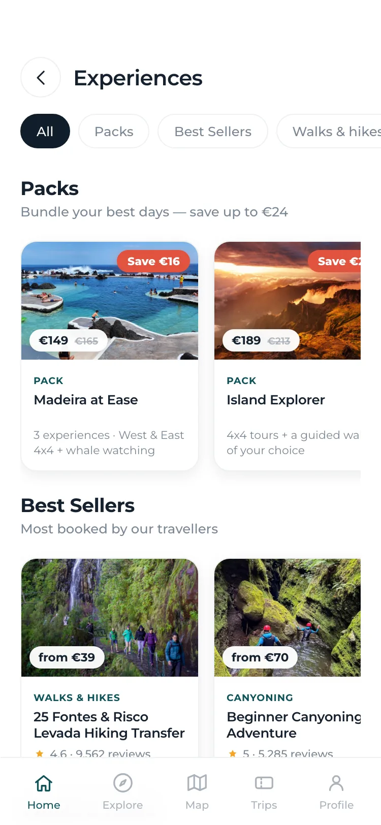 Experiences — packs, best sellers and island tours