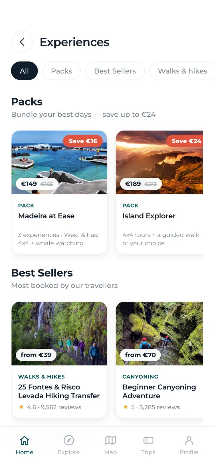 Experiences — packs, best sellers and island tours
