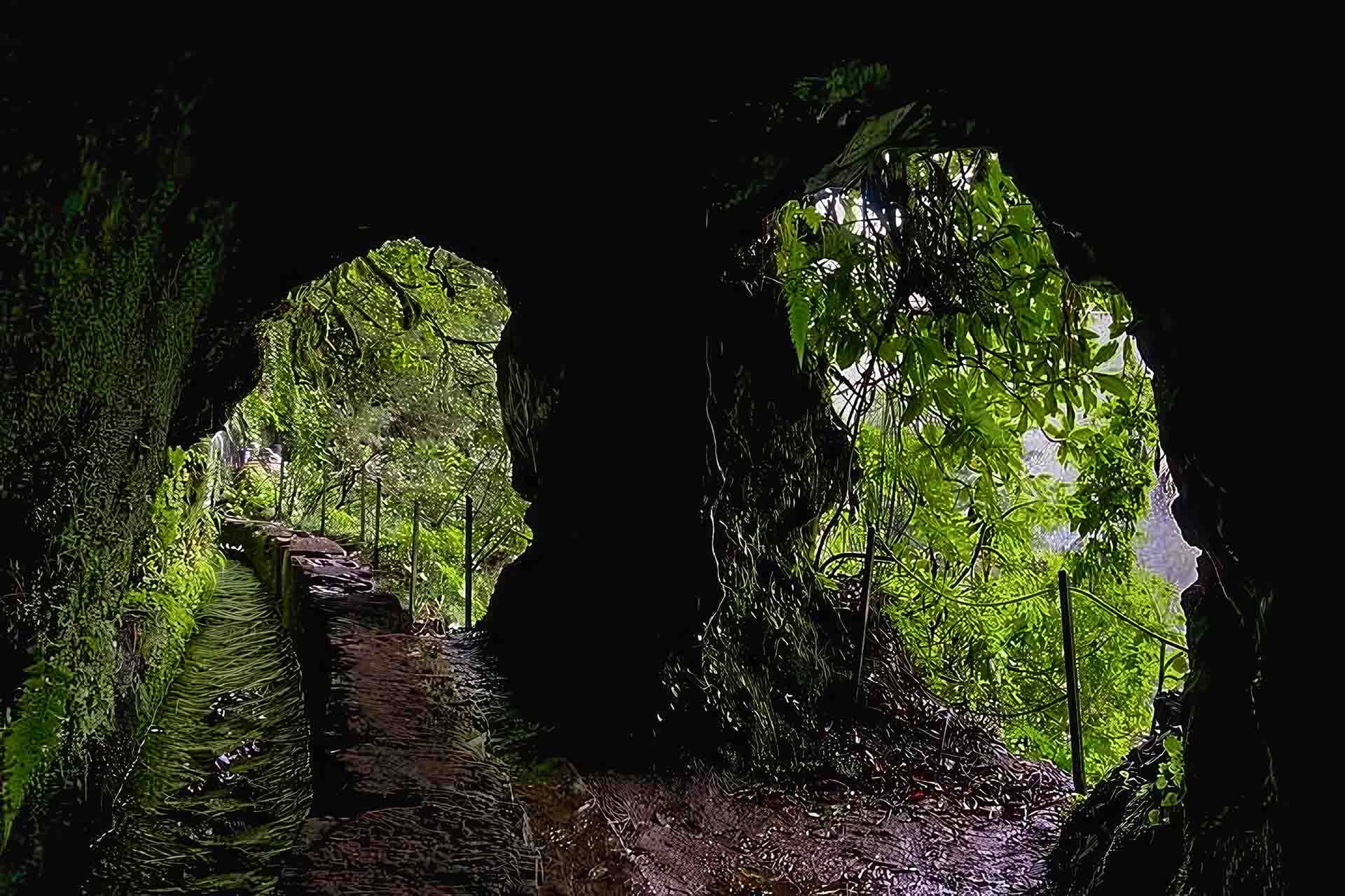 Dark tunnel section on Caldeirão Verde levada trail PR9 Madeira with hiker using headlamp