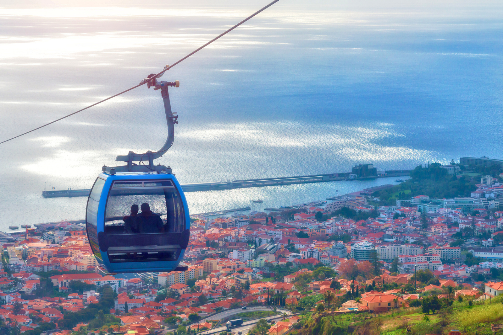 Funchal cable car telepherique Monte aerial view climbing 560 meters harbor city Atlantic Ocean mountains Madeira Portugal