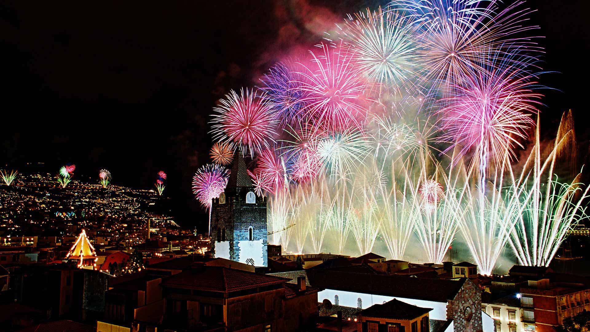 New Year's Eve fireworks over Funchal Bay Madeira Portugal